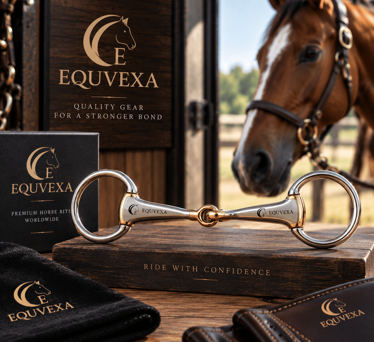 EQUVEXA horse bit resting on a wooden block in a stable