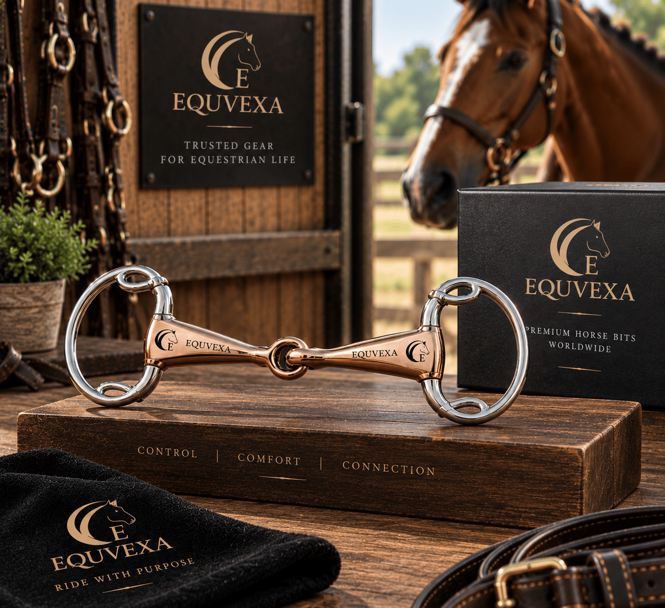 EQUVEXA horse bit on a wooden block beside EQUVEXA packaging