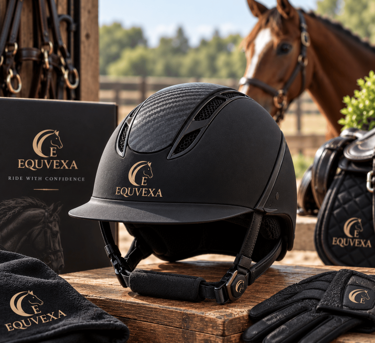 Black EQUVEXA riding cap on a wooden stand in a stable