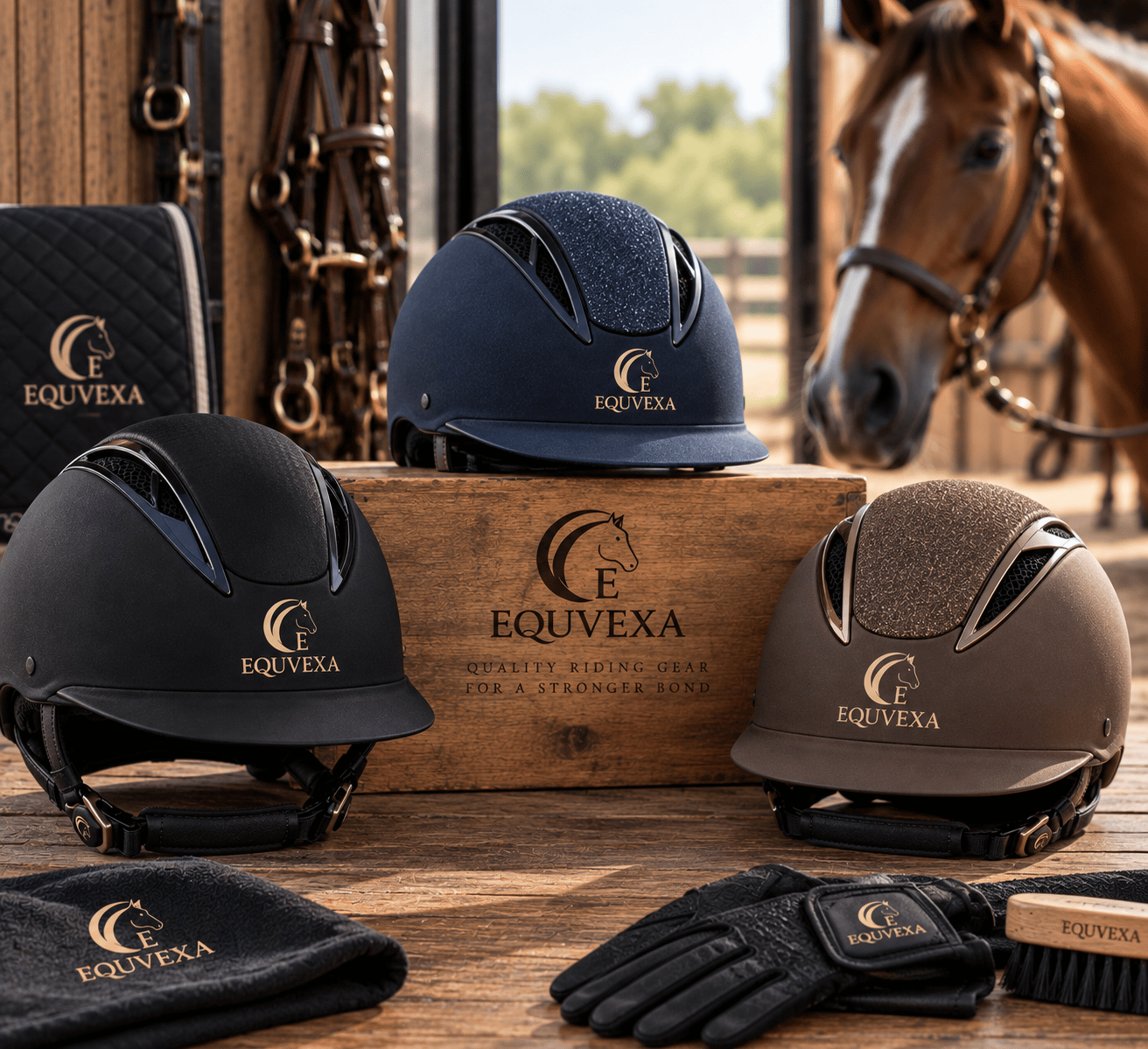 Three EQUVEXA riding caps displayed in a stable