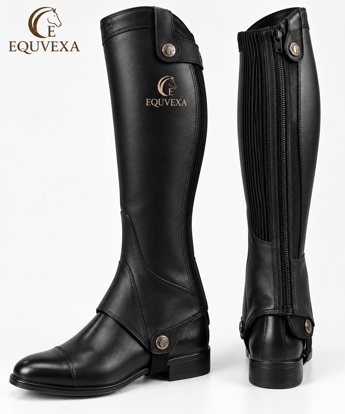 Pair of black EQUVEXA riding chaps with riding boots on a white background