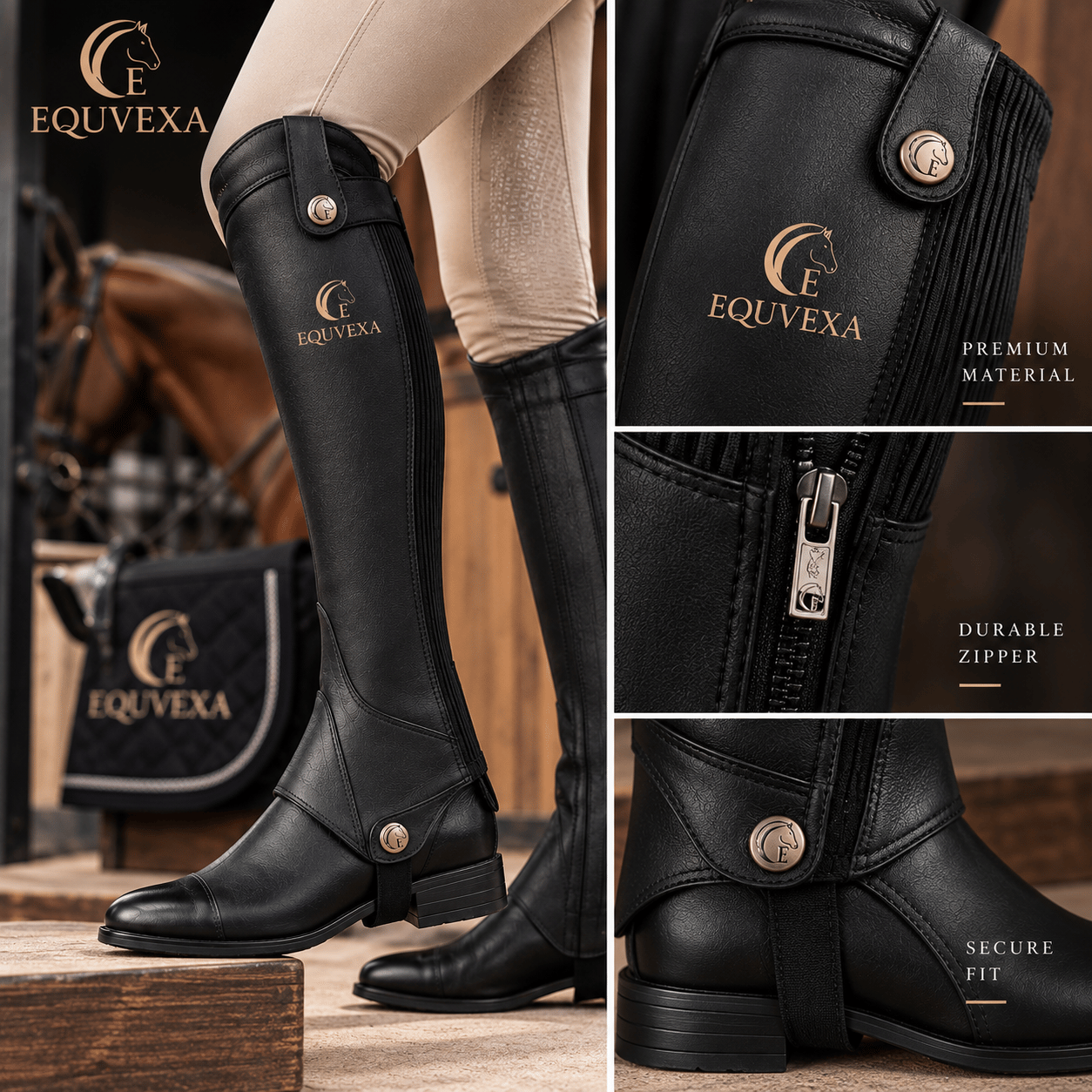 Detail views of EQUVEXA riding chaps, including the zip and the strap