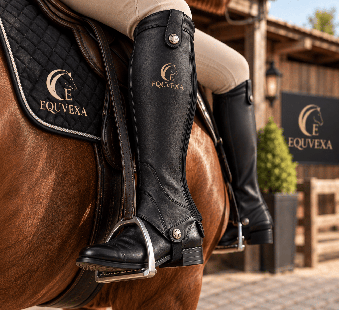Mounted rider wearing EQUVEXA riding chaps
