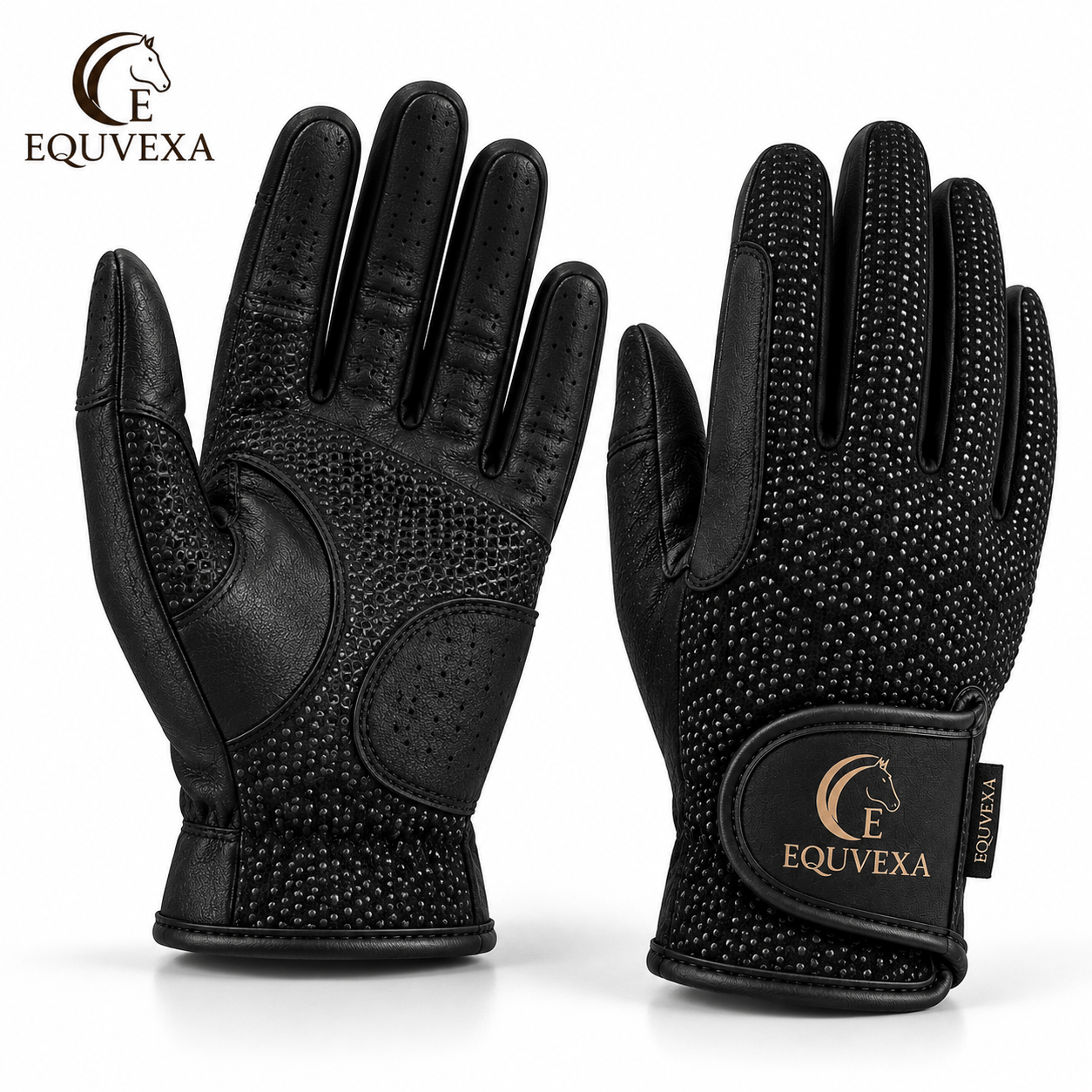 EQUVEXA riding gloves showing the palm and the back of the hand