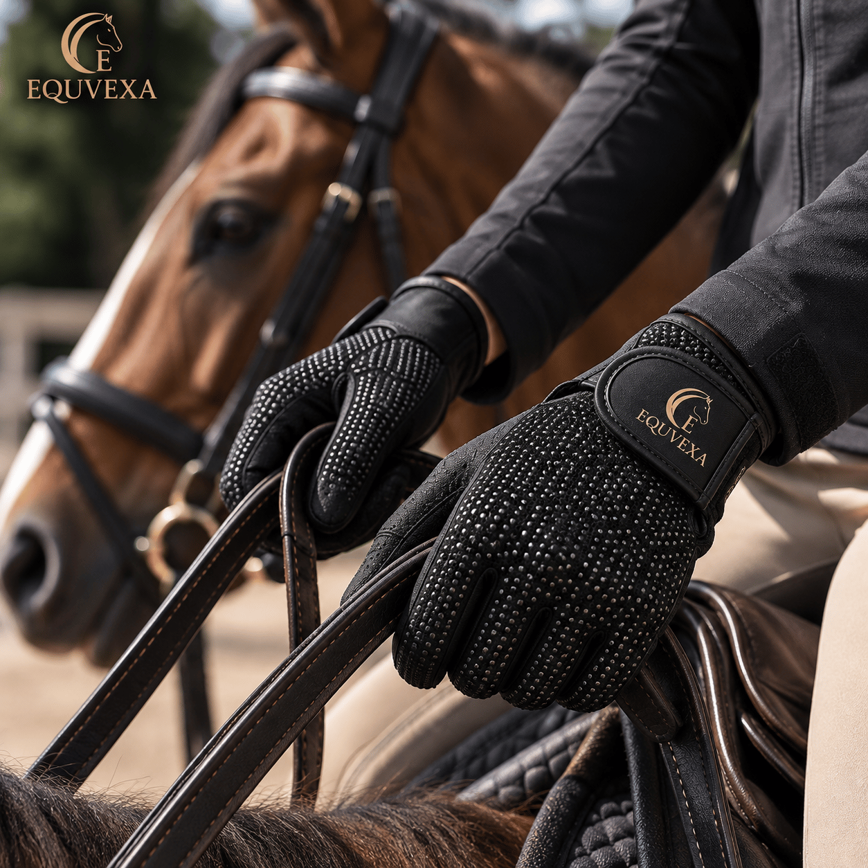 Rider wearing EQUVEXA riding gloves while holding the reins