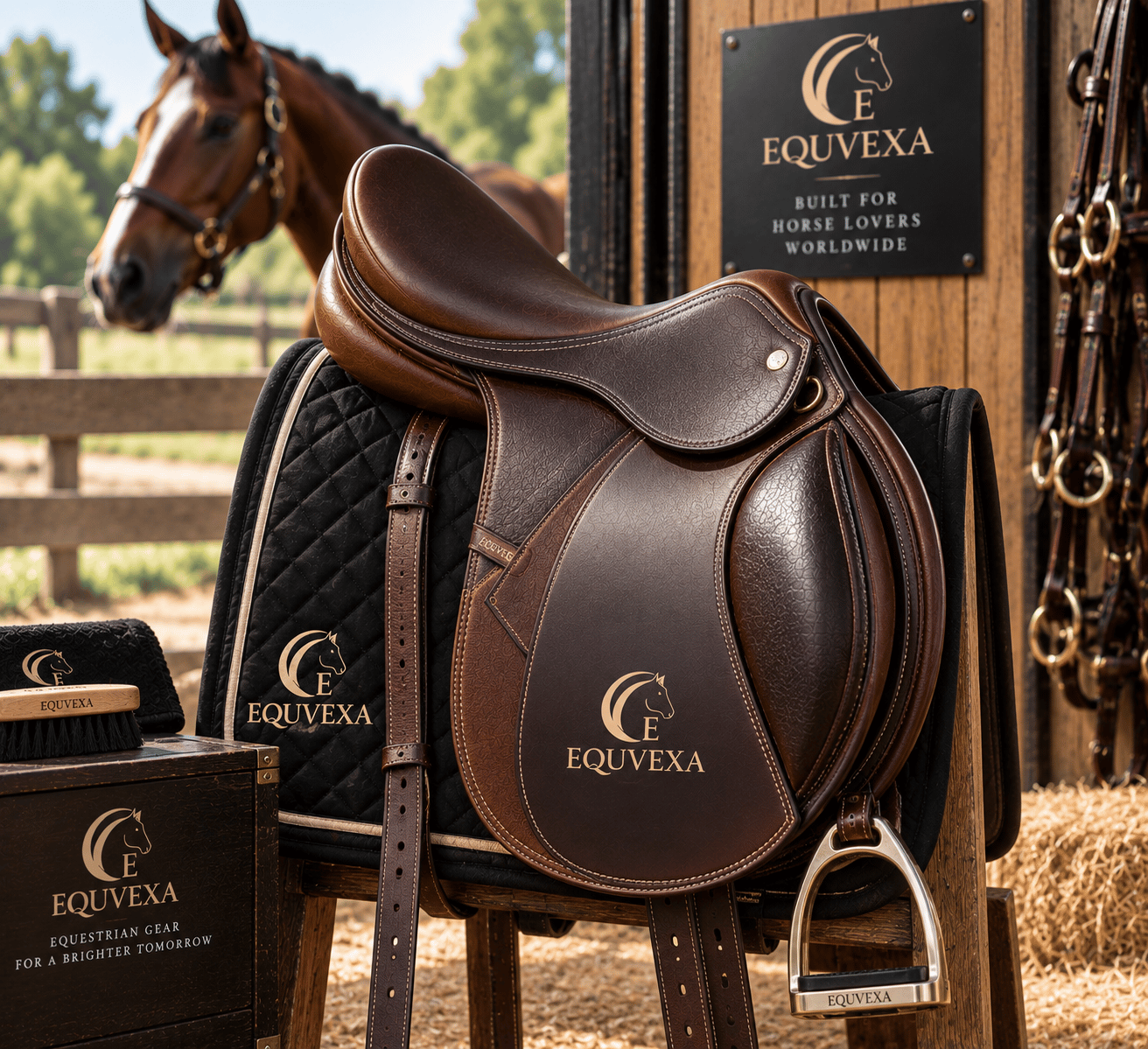 Brown EQUVEXA saddle on a stand, seen from the side