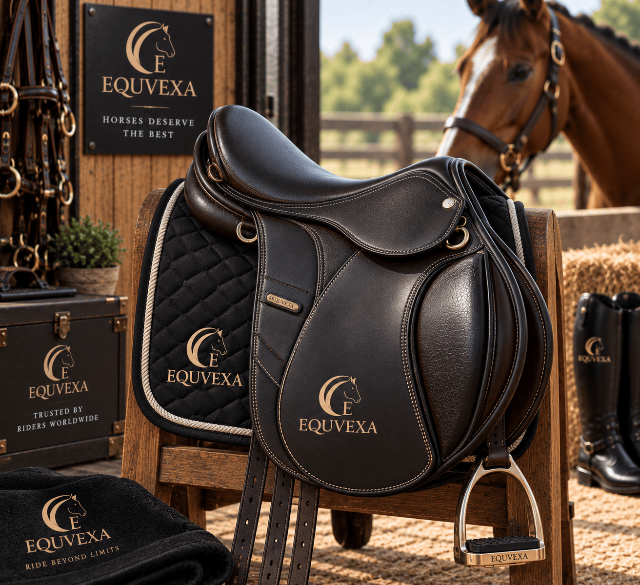 Black EQUVEXA saddle on a wooden stand