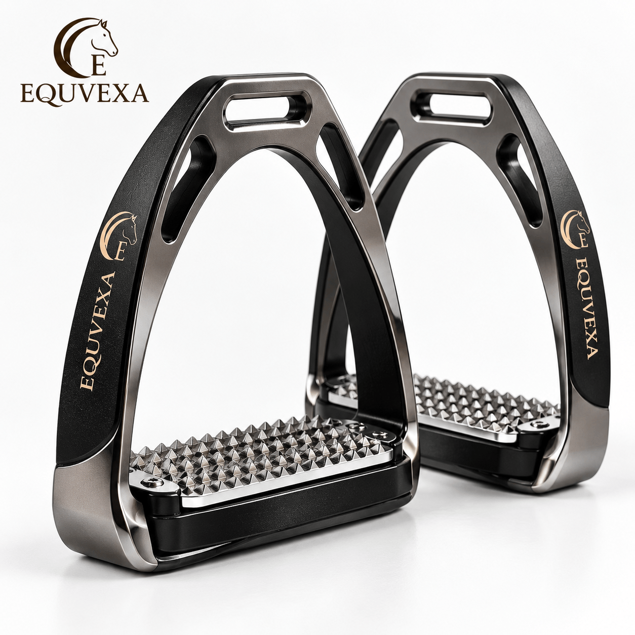 Pair of EQUVEXA stirrups on a white background