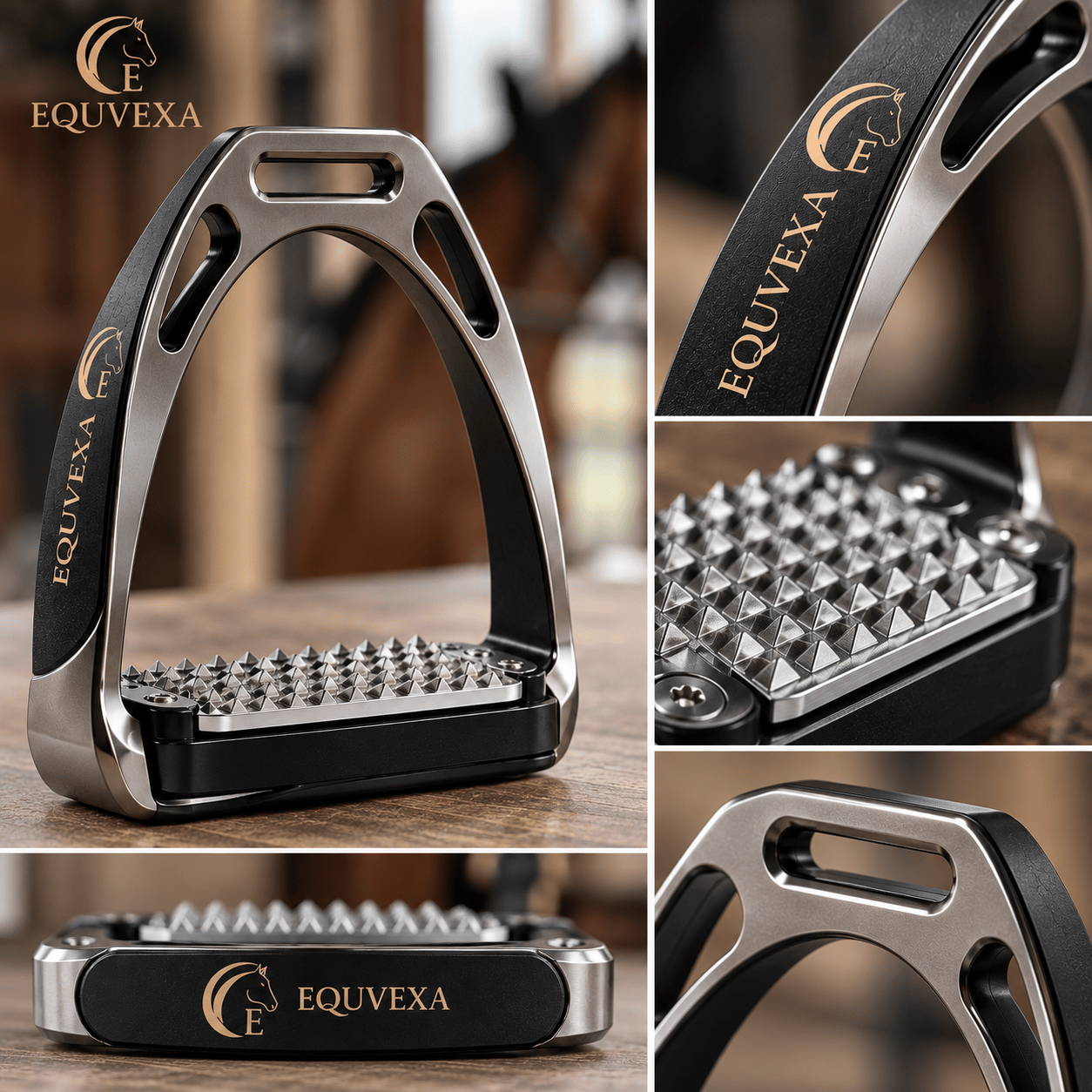 Detail views of an EQUVEXA stirrup, including the tread and the branded side