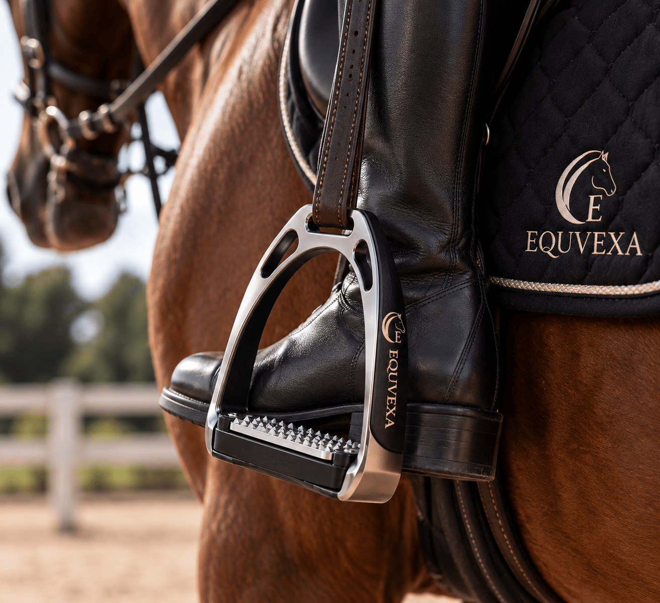 Rider's boot resting in an EQUVEXA stirrup