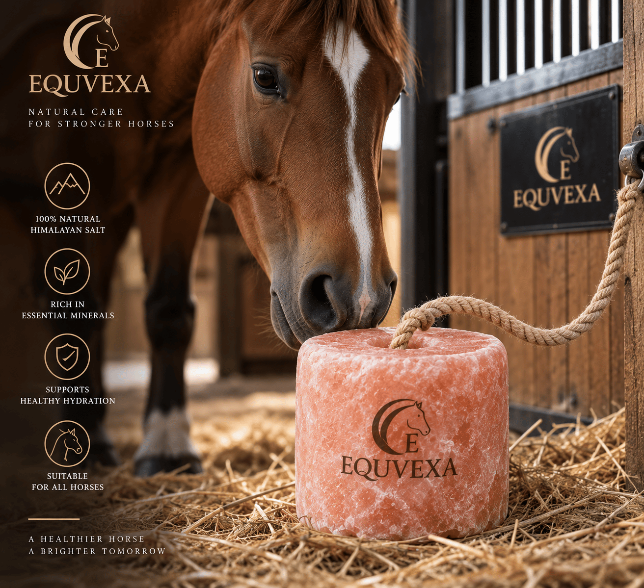 Horse licking an EQUVEXA salt lick in a stable