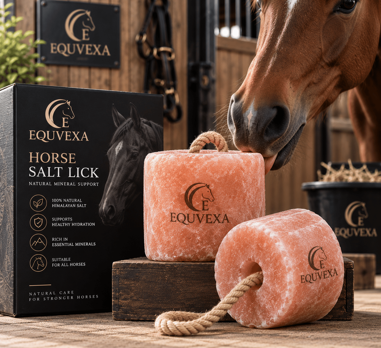 Two EQUVEXA horse salt licks with their box in a stable