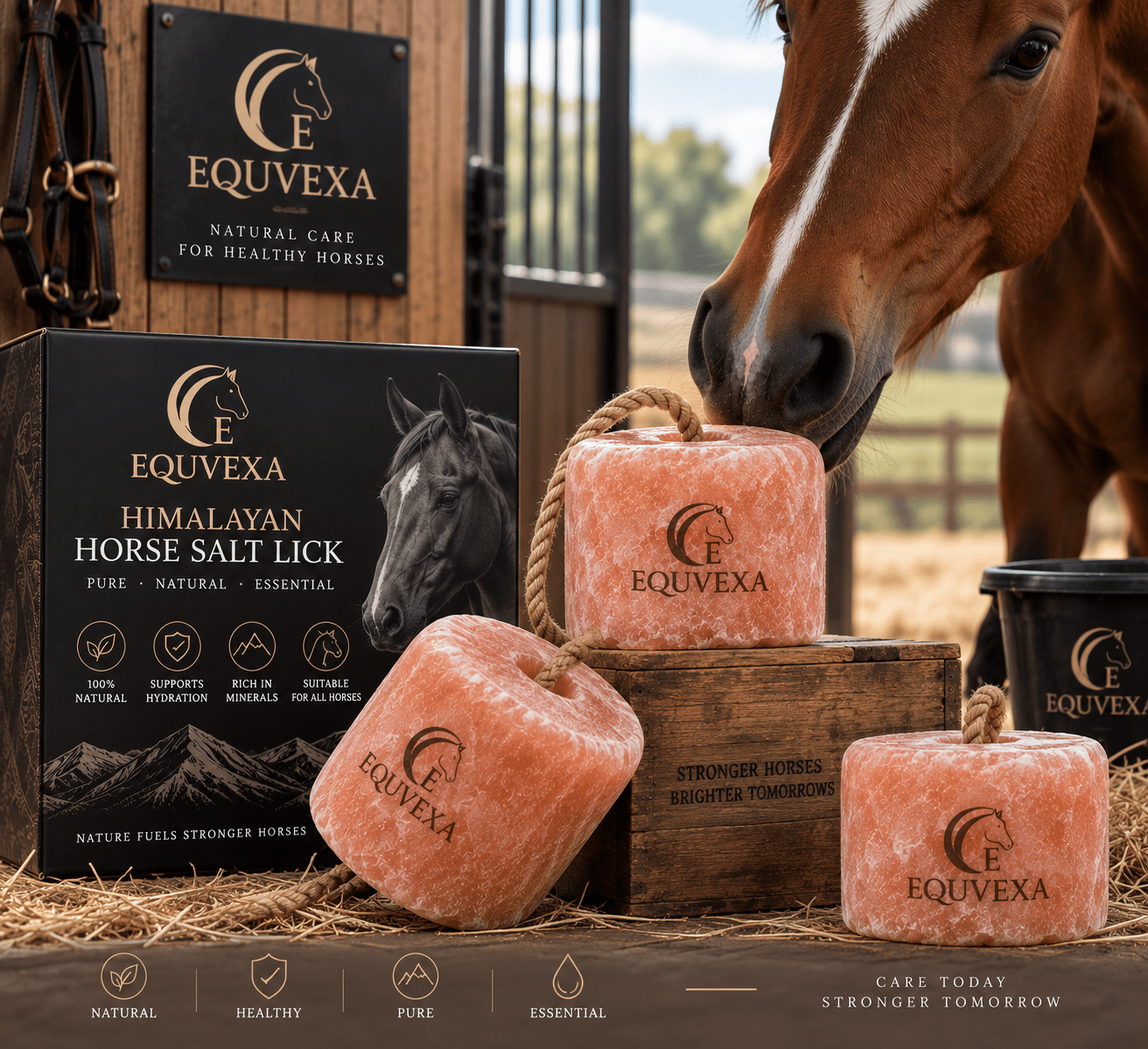 Three EQUVEXA horse salt licks with packaging in a stable